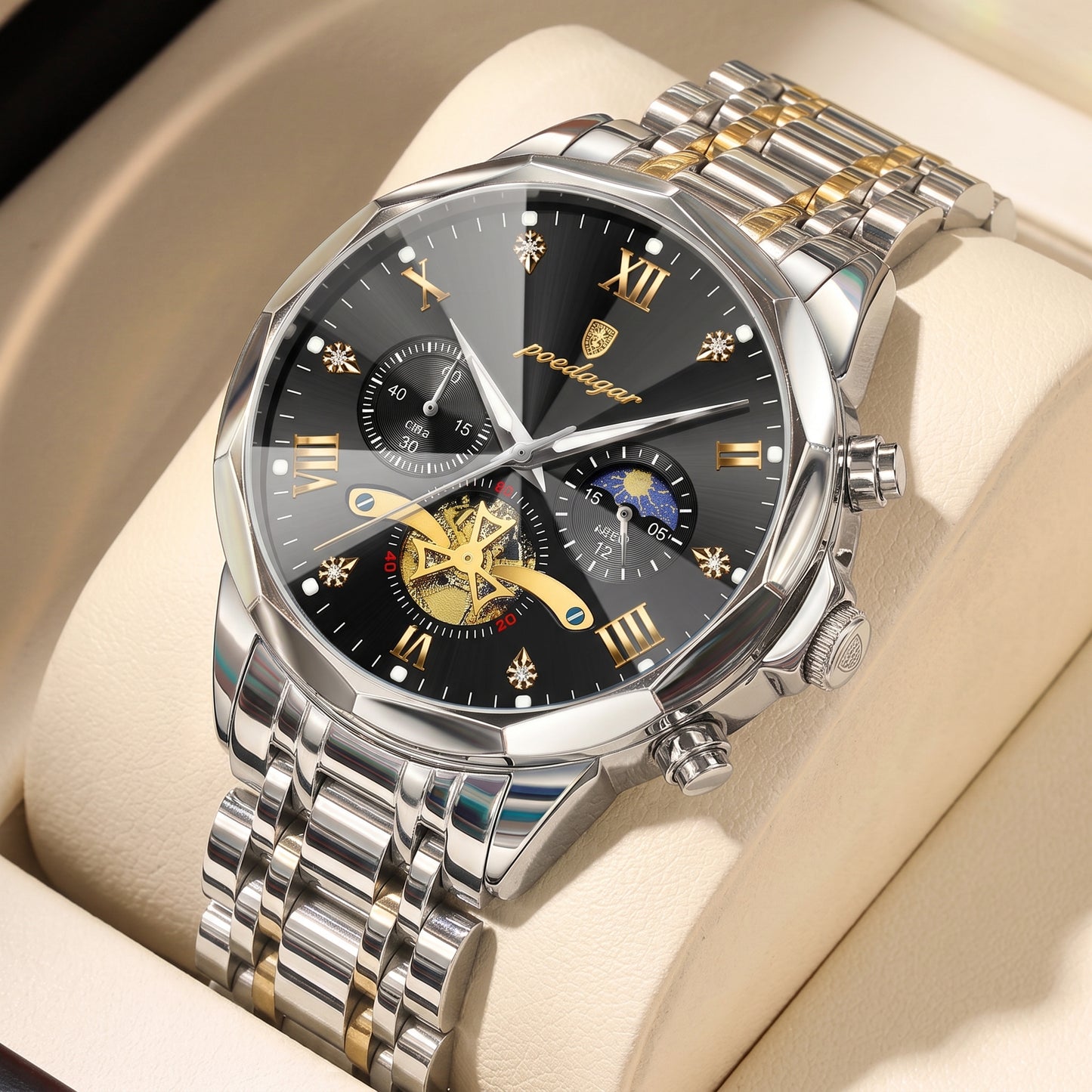 Men's POEDAGAR Watch — Luminous Chronograph, Waterproof, Stainless Steel