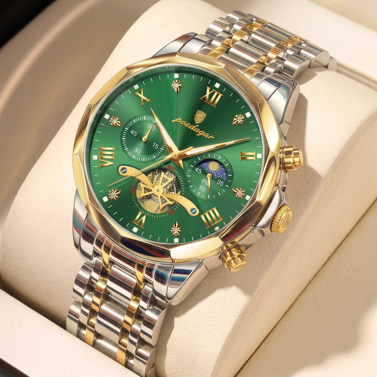 Men's POEDAGAR Watch — Luminous Chronograph, Waterproof, Stainless Steel