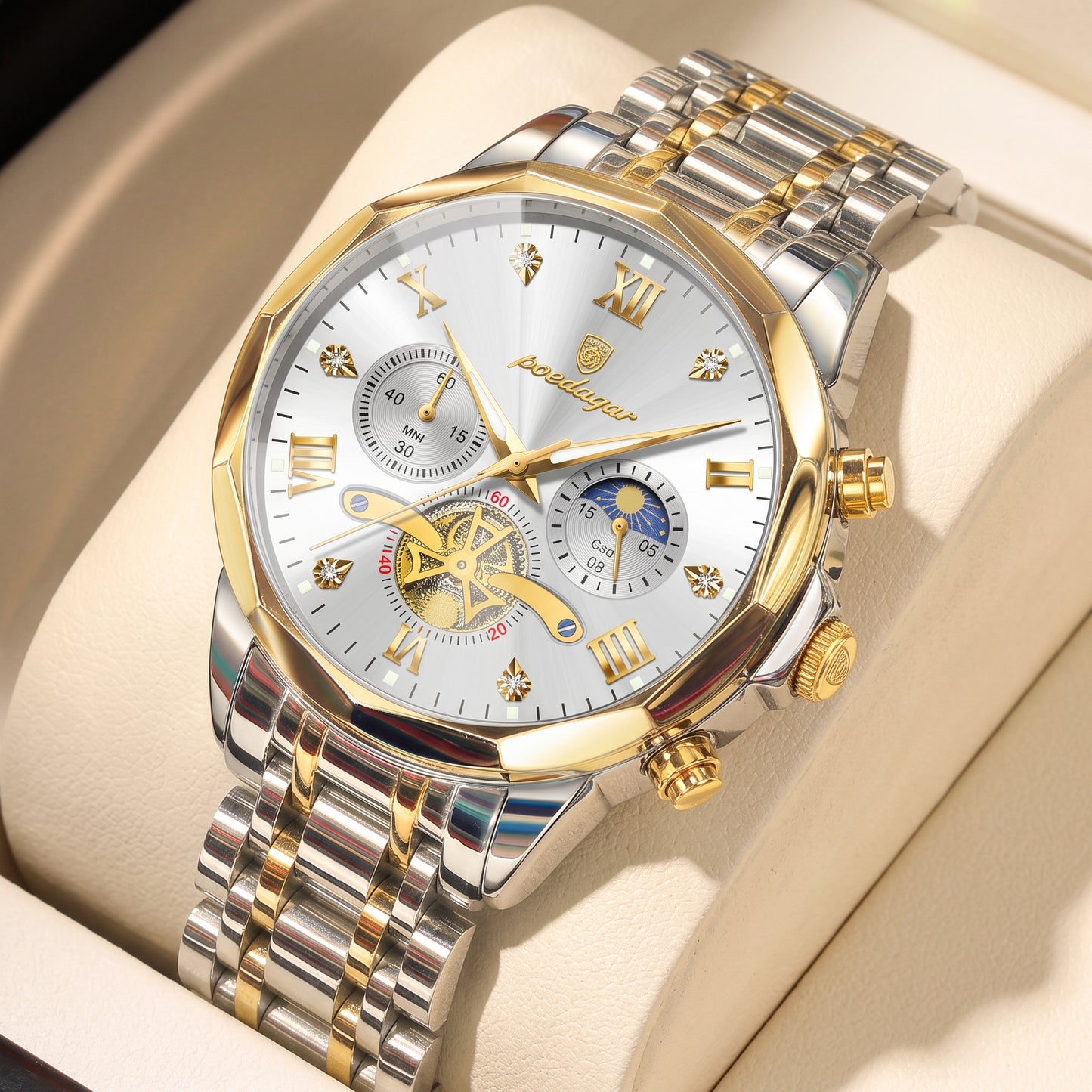 Men's POEDAGAR Watch — Luminous Chronograph, Waterproof, Stainless Steel
