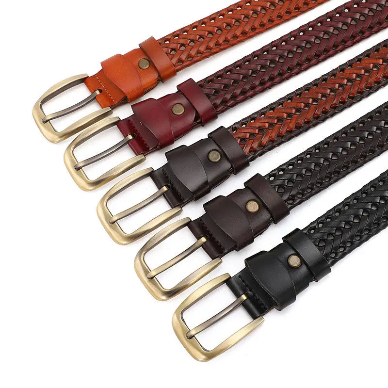 Ceinture homme cuir tressé vintage - boucle ardillon dorée
