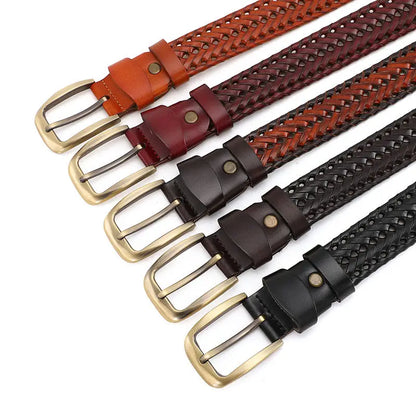 Ceinture homme cuir tressé vintage - boucle ardillon dorée