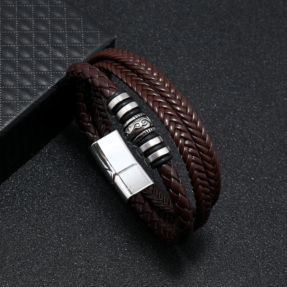 Bracelet Homme Cuir Tressé Multi-Rangs – Bijoux Tendance Style Urbain