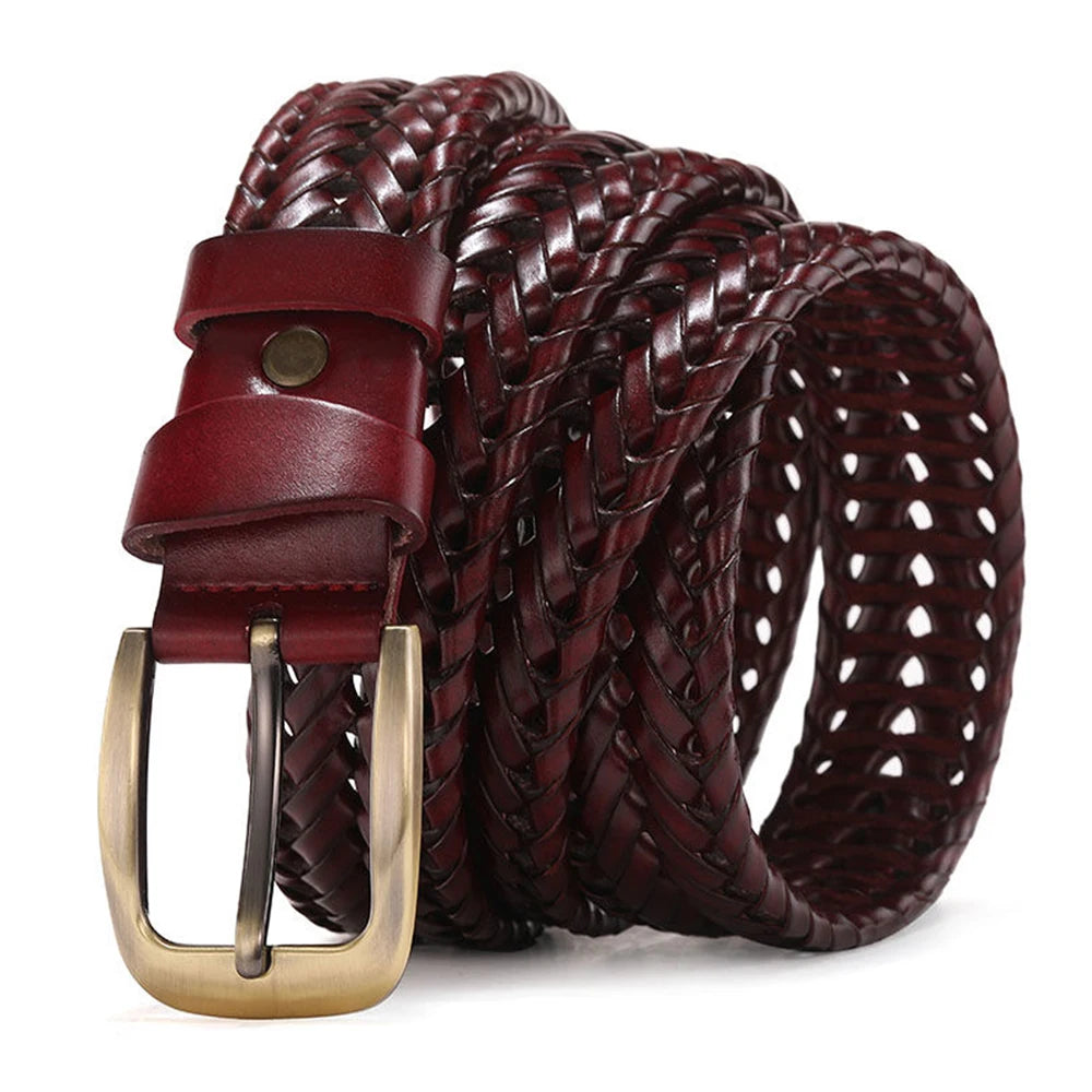 Ceinture homme en cuir tressé vintage, boucle ardillon dorée, fait main