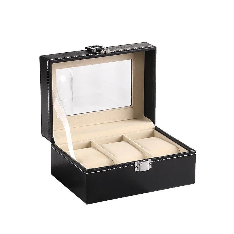 Présentoir à montres en cuir PU avec couvercle vitré verrouillable, vue d'ensemble