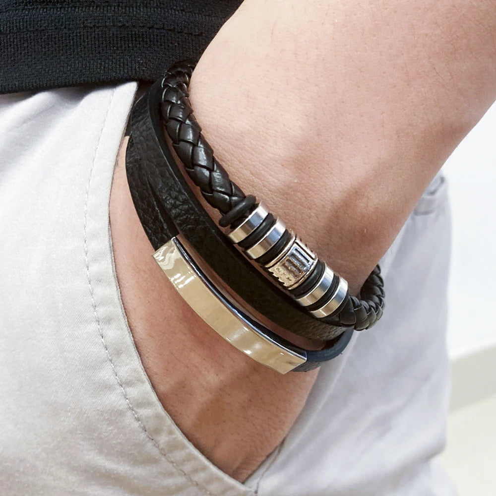 Bracelet Homme Cuir Tressé Multi-Rangs – Bijoux Tendance Style Urbain